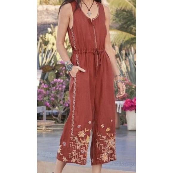 Johnny Was Elia Tie Linen Jumpsuit in the color Adobe (rust red) NWOT - Picture 2 of 3